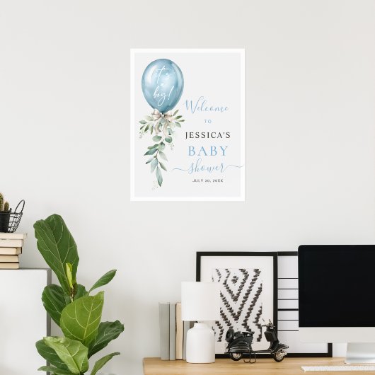 Blue Balloon Bow Greenery Baby Shower Welcome Poster (Heimbüro)