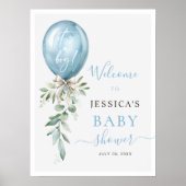 Blue Balloon Bow Greenery Baby Shower Welcome Poster (Vorne)