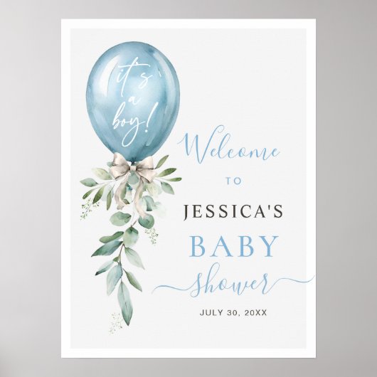 Blue Balloon Bow Greenery Baby Shower Welcome Poster (Vorne)