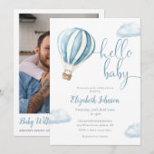 Blue Balloon Boy QR Code Foto Babydusche Einladung (Vorne/Hinten)