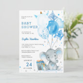 Blue Balloon Boy Silver Elephant Baby Dusche Einladung (Stehend Vorderseite)
