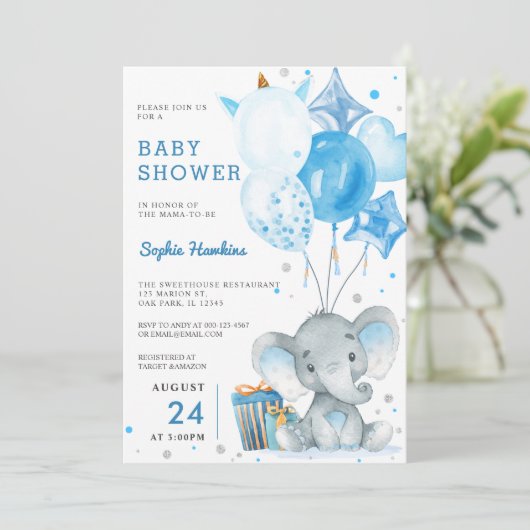 Blue Balloon Boy Silver Elephant Baby Dusche Einladung (Stehend Vorderseite)