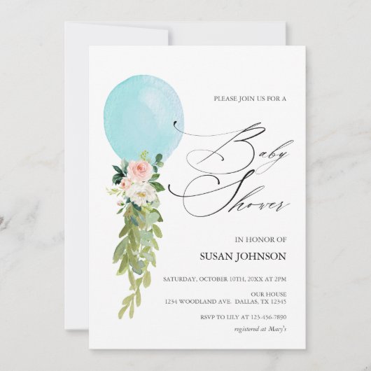 Blue Balloon Calligraphy Script Baby Dusche Einladung (Vorderseite)
