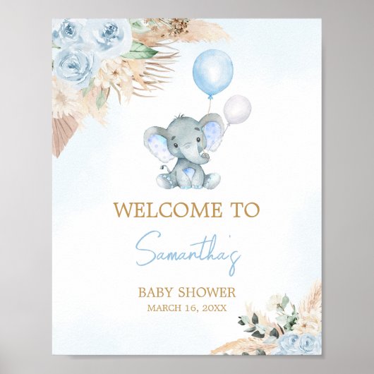 Blue Balloon Elephant Baby Dusche Willkommen Poster (Vorne)