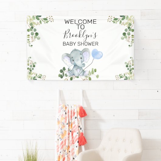 Blue Balloon Elephant Foliage Baby Dusche Willkomm Banner (Insitu)