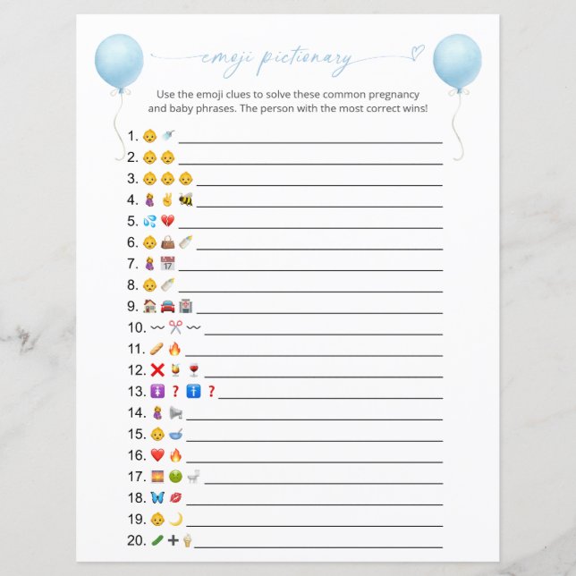 Blue Balloon Emoji Pictionary Baby Showspiel (Vorderseite)