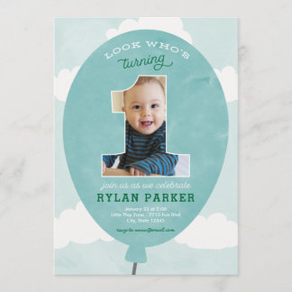 Blue Balloon Erstgeburtstag Foto Einladung