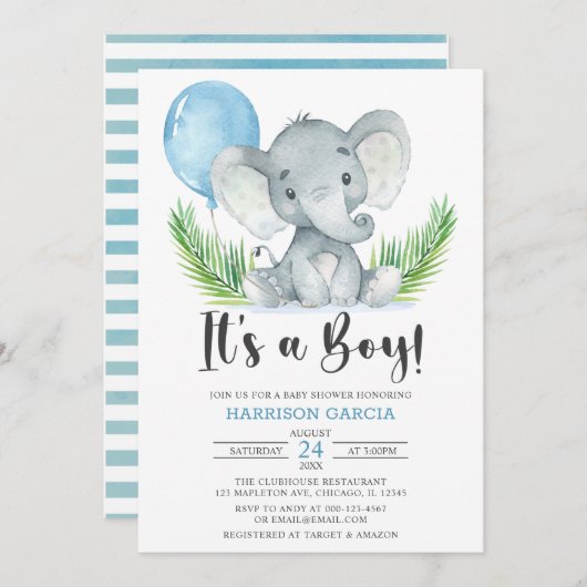 Blue Balloon Es ist eine junge Niedliche Elephant  Einladung (Vorne/Hinten)