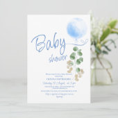 Blue Balloon Eucalyptus Baby Dusche Einladung (Stehend Vorderseite)