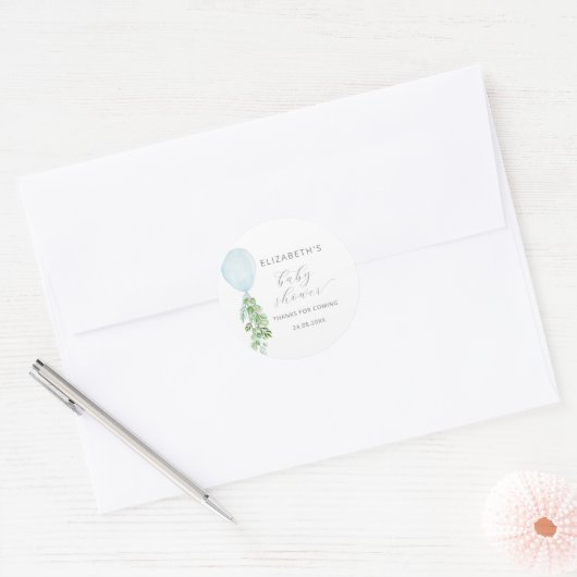 Blue Balloon Eucalyptus Baby Dusche Runder Aufkleber (Umschlag)