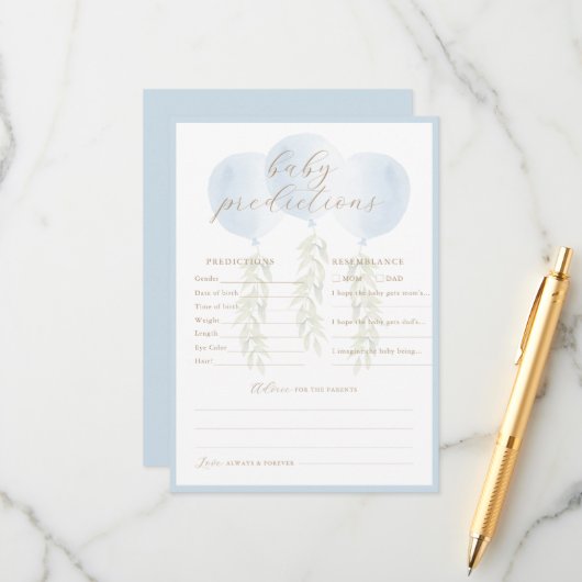 Blue Balloon Eucalyptus Baby Predictions Game Card Hinweiskarte (Vorderseite/Rückseite Beispiel)