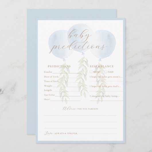 Blue Balloon Eucalyptus Baby Predictions Game Card Hinweiskarte (Vorne/Hinten)