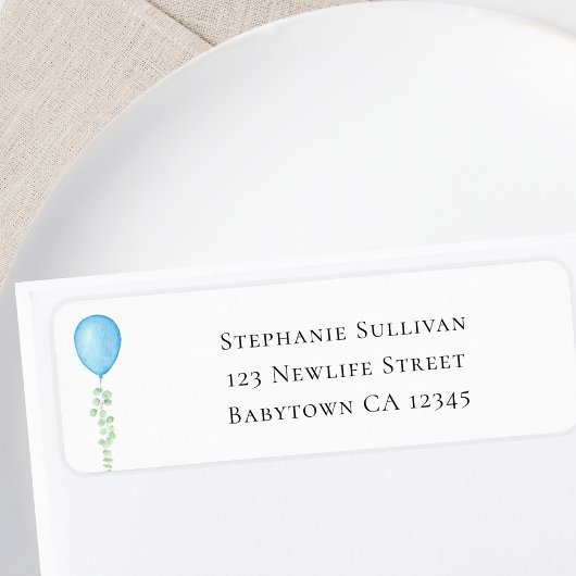 Blue Balloon Eucalyptus Baby Shower Return Address