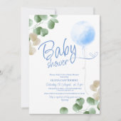 Blue Balloon Eucalyptus Boy Baby Showroom Einladung (Vorderseite)