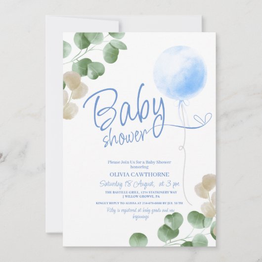 Blue Balloon Eucalyptus Boy Baby Showroom Einladung (Vorderseite)