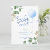 Blue Balloon Eucalyptus Boy Baby Showroom Einladung (Stehend Vorderseite)