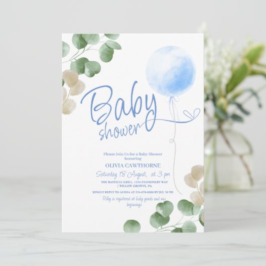 Blue Balloon Eucalyptus Boy Baby Showroom Einladung (Stehend Vorderseite)