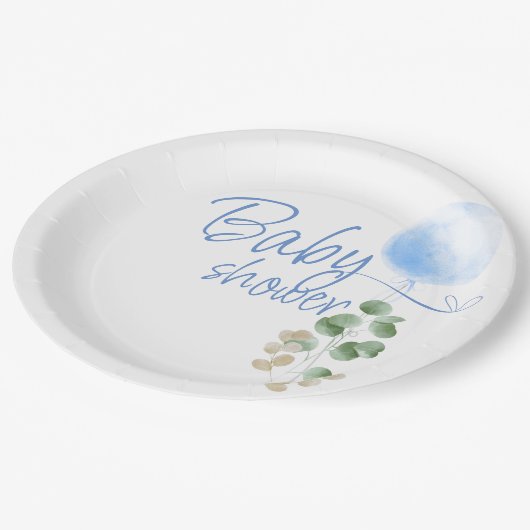 Blue Balloon Eucalyptus Boy Baby Showroom Pappteller (Schrägansicht)