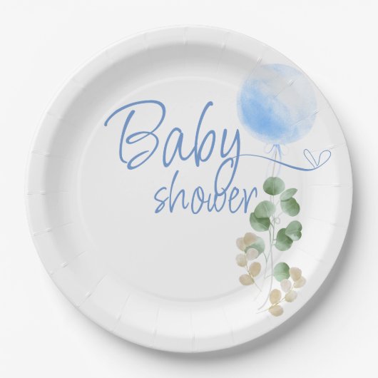 Blue Balloon Eucalyptus Boy Baby Showroom Pappteller (Vorderseite)