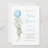 Blue Balloon Eucalyptus Elegant Boy Baby Showroom Einladung (Vorderseite)