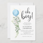 Blue Balloon Eucalyptus Elegant Oh Boy Baby Shower Einladung (Vorderseite)