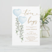 Blue Balloon Eucalyptus Sweetheart Twin Boys Einladung (Stehend Vorderseite)