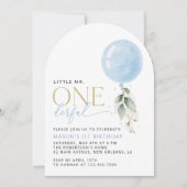 Blue Balloon, Eukalyptus, Grüne, Erster Geburtstag Einladung (Vorderseite)