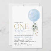 Blue Balloon, Eukalyptus, Grüne, Erster Geburtstag Einladung (Vorderseite)