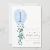 Blue Balloon First Birthday Einladung (Vorderseite)