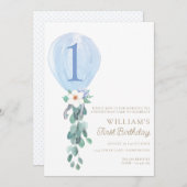 Blue Balloon First Birthday Einladung (Vorne/Hinten)