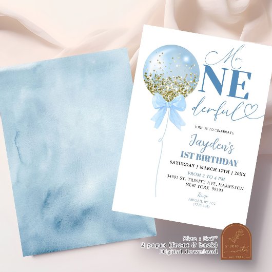Blue Balloon First Birthday Einladung