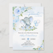 Blue Balloon Floral Elephant Baby Dusche Einladung (Vorderseite)