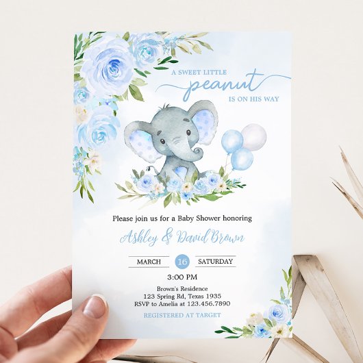 Blue Balloon Floral Elephant Baby Dusche Einladung