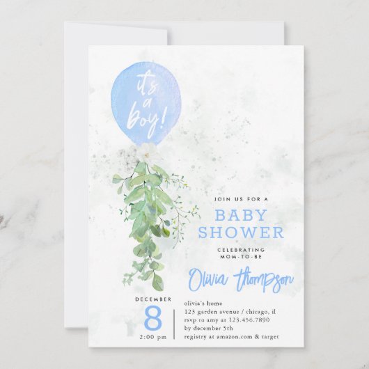 Blue Balloon Foliage Blume Boy Baby Dusche Einladung (Vorderseite)