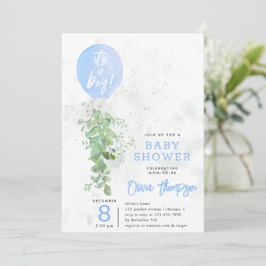 Blue Balloon Foliage Blume Boy Baby Dusche Einladung (Stehend Vorderseite)