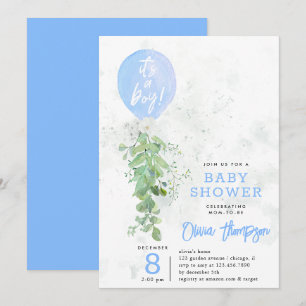 Blue Balloon Foliage Blume Boy Baby Dusche Einladung
