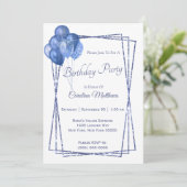 Blue Balloon Glitzer Birthday Einladung (Stehend Vorderseite)