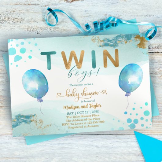 Blue Balloon Gold Twin Boy Baby Shower Einladung