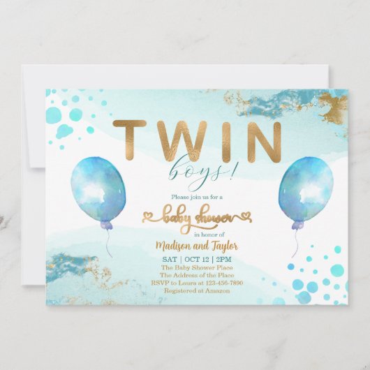 Blue Balloon Gold Twin Boy Baby Shower Einladung (Vorderseite)
