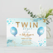 Blue Balloon Gold Twin Boy Baby Shower Einladung (Stehend Vorderseite)