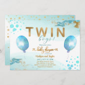 Blue Balloon Gold Twin Boy Baby Shower Einladung (Vorne/Hinten)