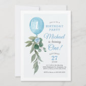 Blue Balloon Greenerity Geburtstagsparty Einladung (Vorderseite)