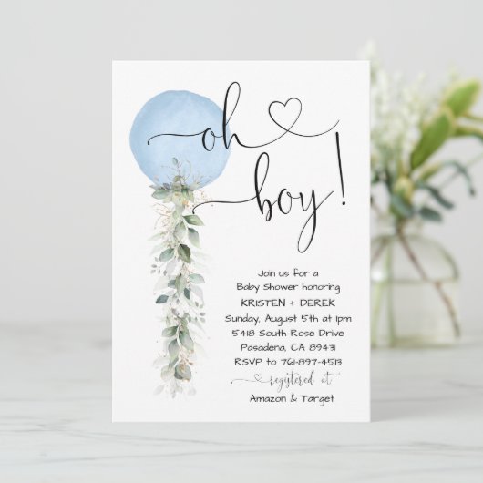 Blue Balloon Greenery Baby Shower Einladung (Stehend Vorderseite)