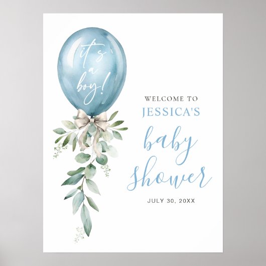 Blue Balloon Greenery Baby Shower Welcome Poster (Vorne)