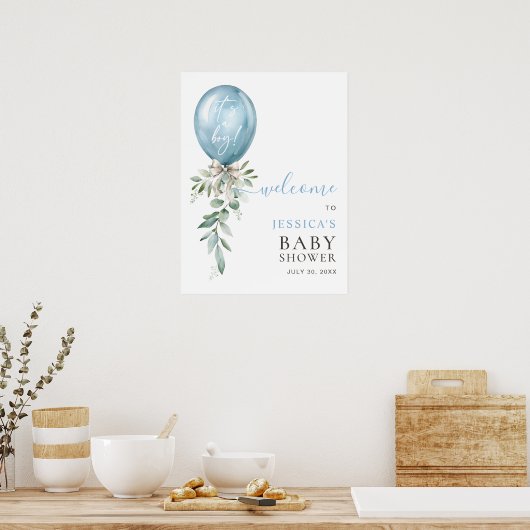 Blue Balloon Greenery Bow Baby Shower Welcome Poster (Küche)