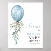 Blue Balloon Greenery Bow Baby Shower Welcome Poster (Vorne)