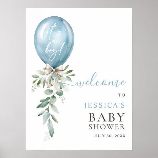 Blue Balloon Greenery Bow Baby Shower Welcome Poster (Vorne)