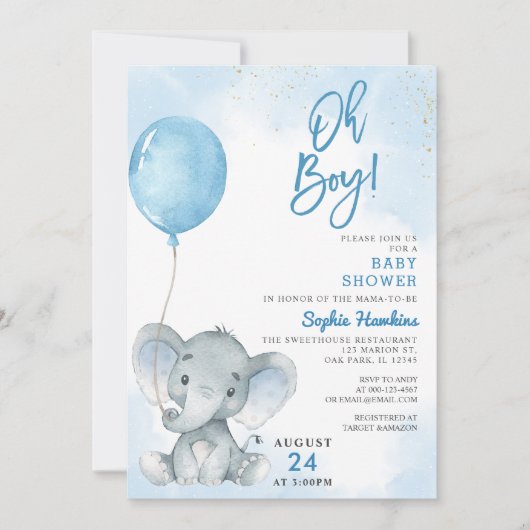 Blue Balloon Oh Boy Elephant Baby Dusche Einladung (Vorderseite)