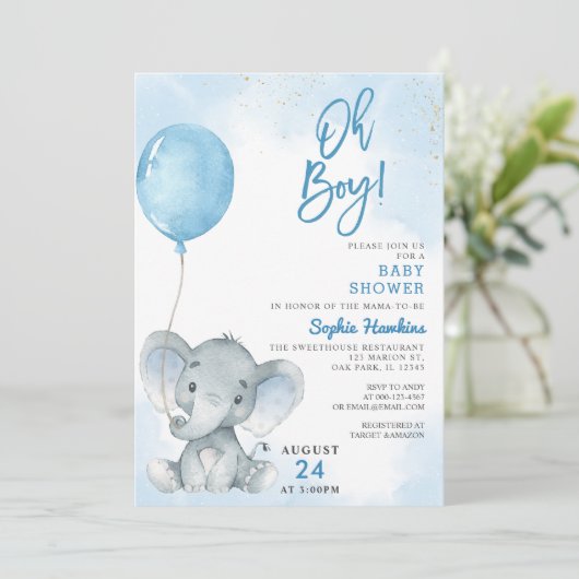 Blue Balloon Oh Boy Elephant Baby Dusche Einladung (Stehend Vorderseite)