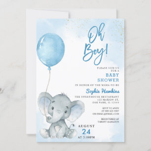 Blue Balloon Oh Boy Elephant Baby Dusche Einladung